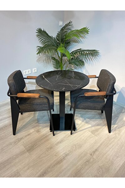 trendloom Yuvarlak Siyah Mermer Desenli Mdf Cafe Masası