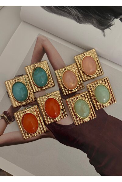 FASHİON JEWELRY Altın Kaplama Su Yeşili Renkte İri Plaka Küpe