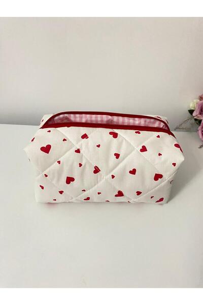 1çokşey Large Size Heart Quilted Makeup Bag – Lined & Fluffy