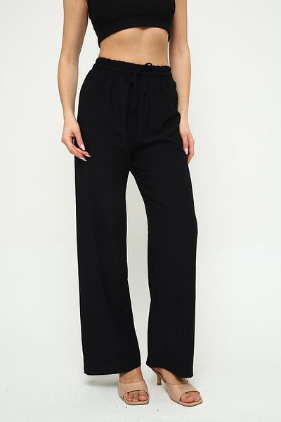 KAPHONE Women's Black Wrinkled Palazzo Pants – Elastic Waist Wide Leg High Waist Lace up Belt