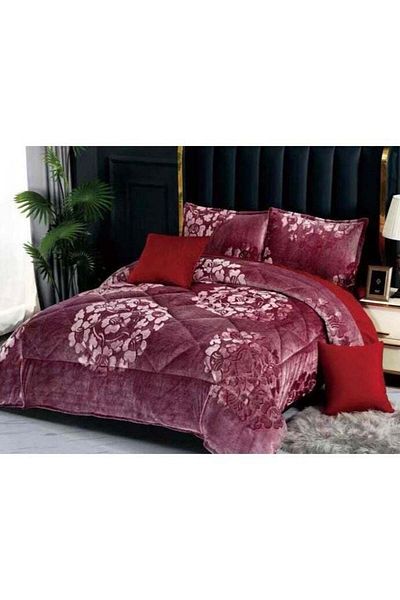 Comfy طقم لحاف فاخر من 6 قطع من الفرو الصناعي الناعم والمزخرف بنقشة زهور باللون الكستنائي