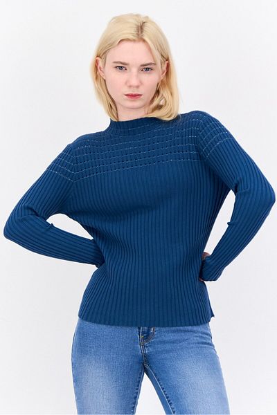 Buzz Women Funnel Neck Textured Sweater, Teal Blue