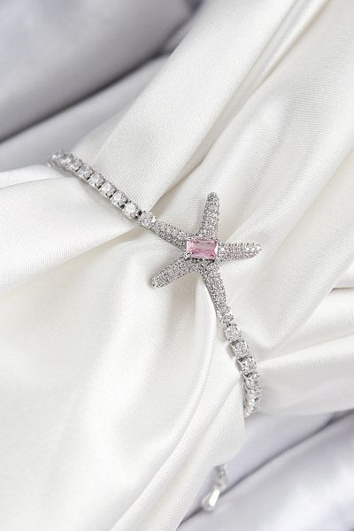 FTA TİCARET Bfs Brass Pink Zircon Stone Starfish Model Silver Color Elevator Women's Bracelet