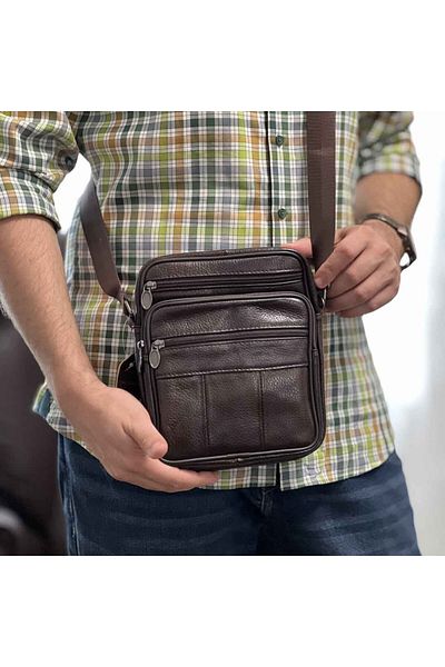 Micutz Shoulder Bag Made of Black Genuine Leather, Adjustable Straps, 19x22x6 cm, Brown Color