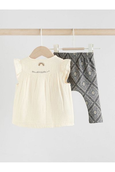 Next Baby Cotton Cream Gray Giraffe Patterned Long Sleeve Top and Bottom Set