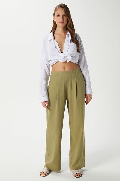 Ritnice Women's Lana Linen Cotton Khaki Palazzo Trousers