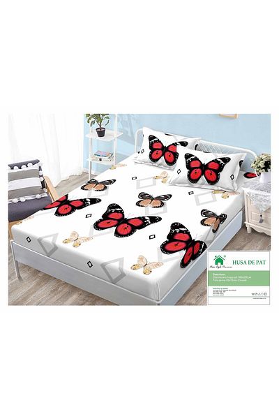 FIONNA.RO Duvet Cover with Elastic and Pillowcases 160x200cm - Red Butterflies