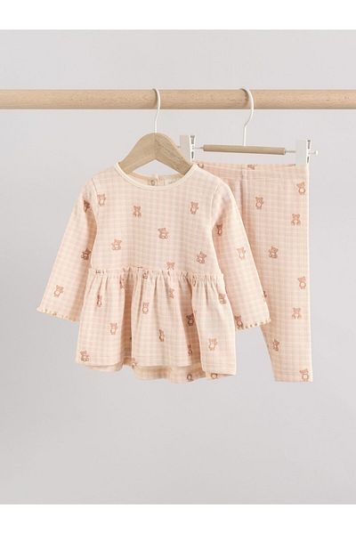 Next Baby Pink Gingham Bear Printed Long Sleeve Top and Bottom Set