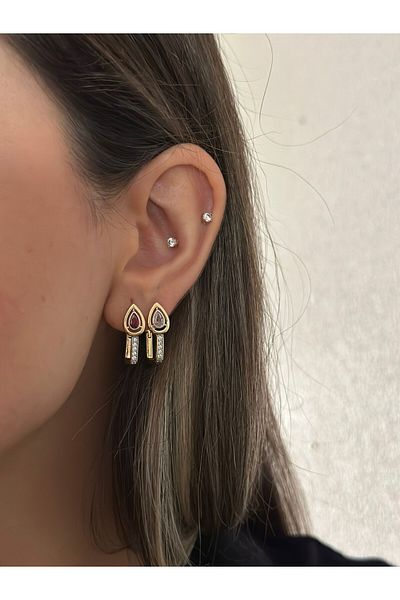 MyladyAccessoriess Zircon Stone and Drop Detail Hoop Earrings (Steel) Red