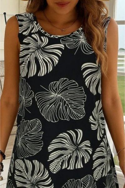 MODA Women's Zero Sleeve Round Neck Patterned Single Jersey Dress