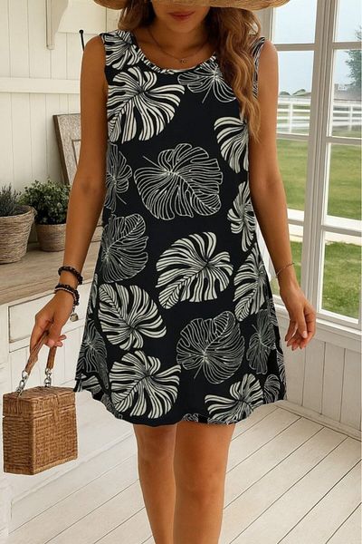 MODA Women's Zero Sleeve Round Neck Patterned Single Jersey Dress