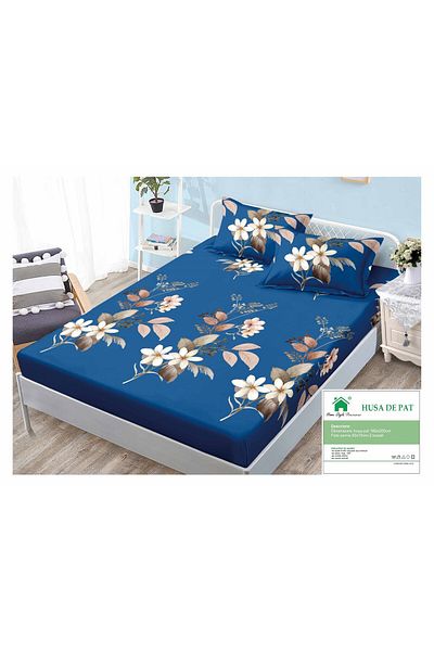 FIONNA.RO Duvet Cover with Elastic and Pillowcases 160x200cm - Royal Blue Floral