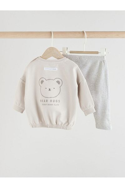 Next Baby Cotton Gray Bear Patterned Long Sleeve Top and Bottom Set