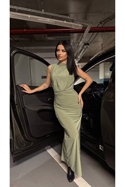 SHEYMA Drape Collar Lined Zippered Gathered Slit Sandy Fabric Khaki Dress