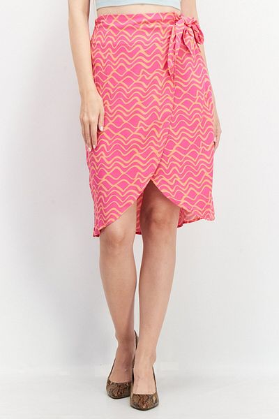 Sinsay Women Allover Printed Wrap Skirt, Pink/Orange