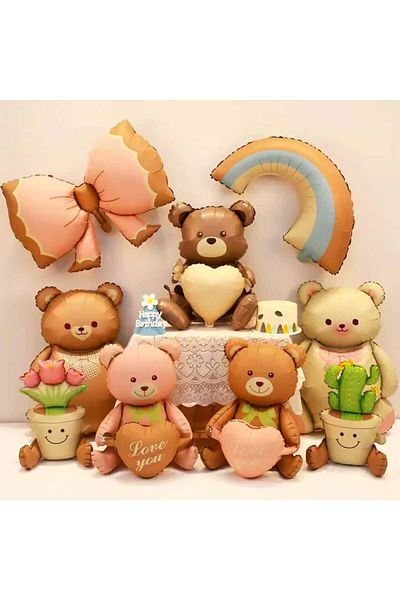 DÜVENCİ TİCARET Retro Foil Balloons Mixed Bear Bow Rainbow Set