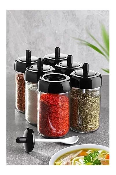 STOREMAX 6 Piece Spice Jar Set with Lid and Spoon 300 ml Glass Spice Set