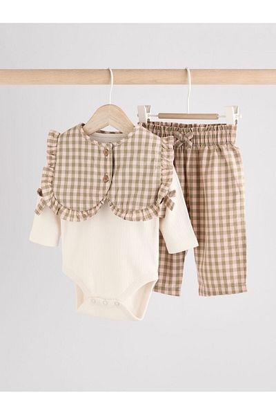 Next Baby Cotton Green Gingham Long Sleeve Vest Bottom Top 3-Piece Suit