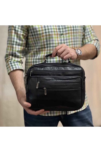 Micutz Men's Briefcase Shoulder Bag Made of Genuine Cowhide Leather, 31 x 24 x 6/8 cm, Black