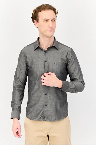 Kenneth Cole Men Slim Fit Long Sleeve Embroidered Logo Casual Shirt, Charcoal