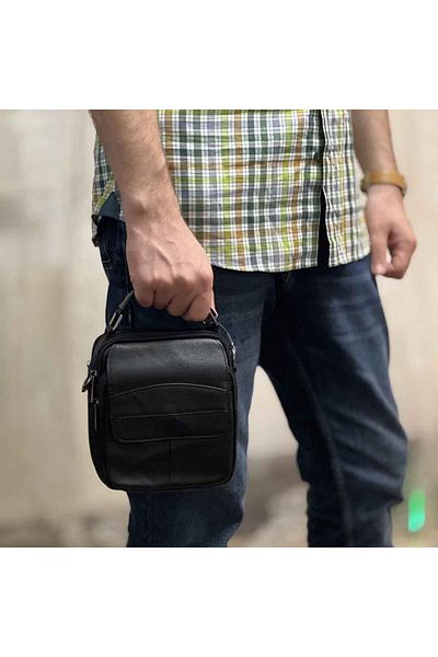 Micutz Compact Shoulder Bag, Handle, Adjustable Straps, Genuine Leather, Black, 16 x 19 x 7 cm