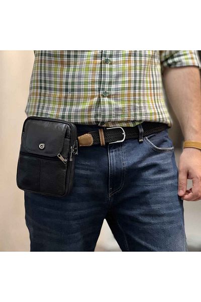 Micutz Men's Shoulder Bag with Strap, Natural Leather, Black and Brown, 14x19x5 cm, Black Color