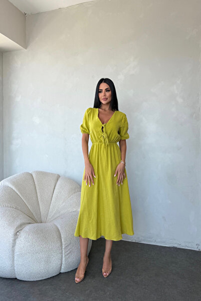 KAMACI BUTİK V-Neck Tie Front Solid Color Dress