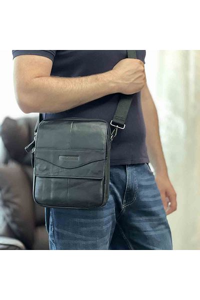 Micutz Men's shoulder bag, made of genuine leather, black, 23x27x7cm