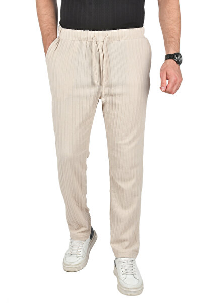 DeepSEA Men's Beige Relaxed Fit Knitted Fabric Slim Sports Pants with Elastic Waist 2502216