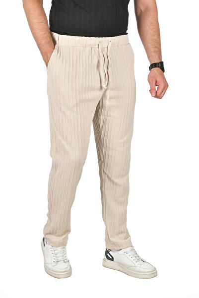 DeepSEA Men's Beige Relaxed Fit Knitted Fabric Slim Sports Pants with Elastic Waist 2502216