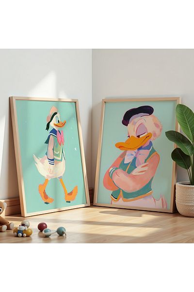 HİGUERA Set de 2 picturi pe perete din lemn Donald Duck - Daisy Duck Feel pentru camera copiilor si camera bebelusului