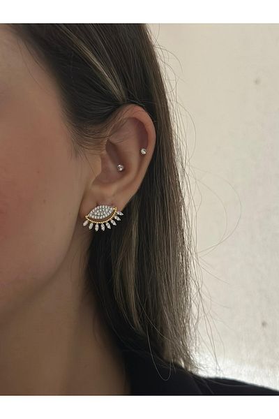 MyladyAccessoriess Double Color and Zircon Stone Detail Eye Earrings (Steel)
