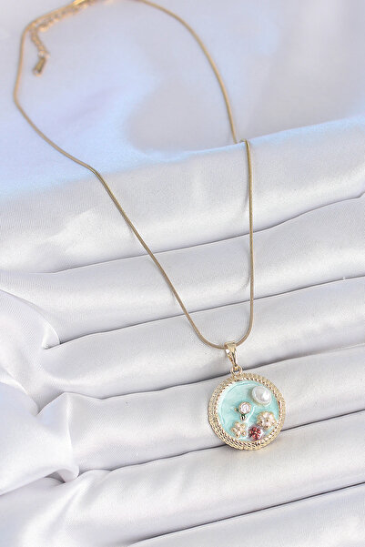 ForWhat قلادة على شكل زهرة من اللؤلؤ الأزرق من الفولاذ الذهبي مع الزركون للمر...