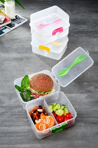 ForWhat Transparent 3 Compartment 2 Layer Fork Spoon Nutrition Container for Office Home Office Picnic Enjoyment