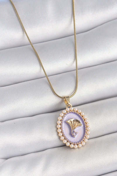 ForWhat قلادة بورتريه زهرية مع لؤلؤ أرجواني من الزركون الذهبي الصلب للمرأة ال...