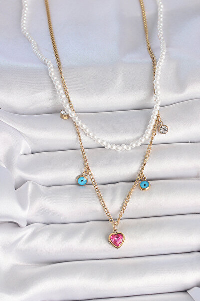 ForWhat قلادة على شكل قلب من حجر اللؤلؤ الوردي المزدوج من الفولاذ الذهبي للمر...