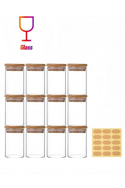 XIUWOO 12-Piece Food Storage Glass Jars with Bamboo Airtight Lids, Sticker, Clear 200ml
