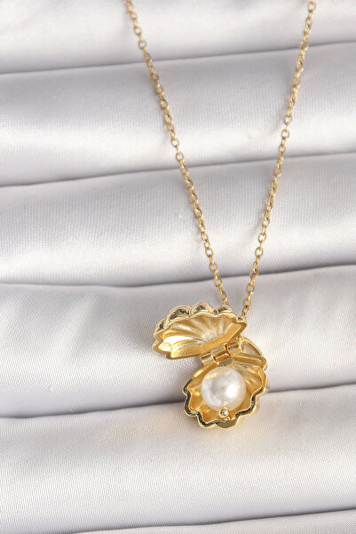ForWhat Golden Steel Chain Pop-Up Pearl Mussel Necklace for Elegant Woman