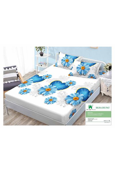 FIONNA.RO Duvet Cover with Elastic and Pillowcases 160x200cm - Blue Daisy