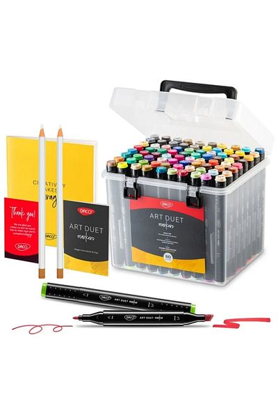 daço Double-ended graphic marker, DACO Art Duet MK680, 80 pcs/set + 2 FLR white pencils, small sketch pad