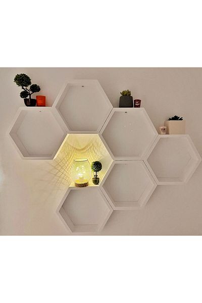 GOT WOOD Set 6 wooden wall shelves, hexagonal shape, with concealed mounting, Circus, white