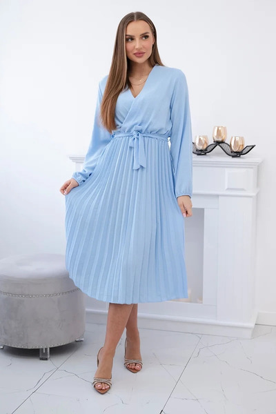 UniqueStore.ro Rochie midi plisată albastru deschis cu șnur în talie - MĂRIME...