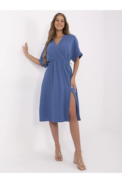 UniqueStore.ro Blue cotton dress with wrap neckline and side slit - ONE SIZE
