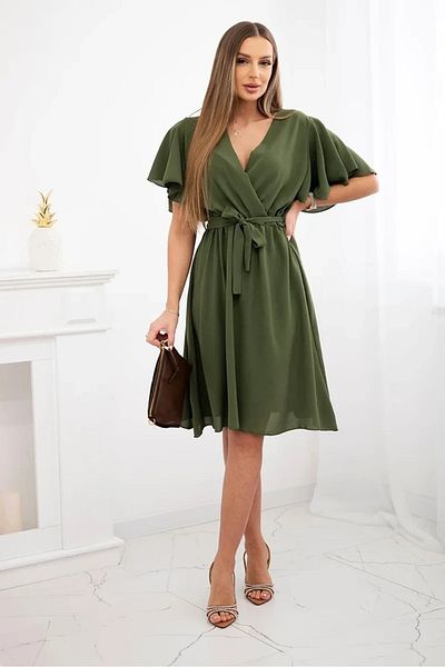 UniqueStore.ro Khaki dress with wrap neckline and drawstring at the waist - ONE SIZE