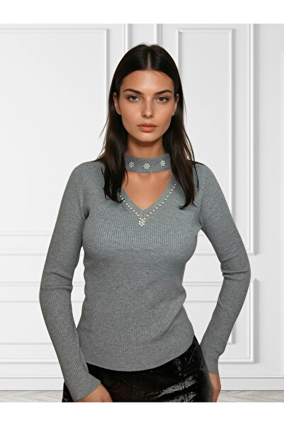 UniqueStore.ro Sabrina Grey blouse, with elegant cutout and pearl applications