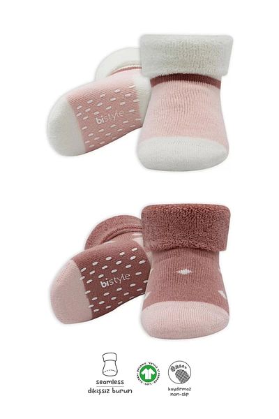 ALFA AKSESUAR 03 Dotted Non-Slip Towel Socks 2 Pack Bs10502 Powder Pink