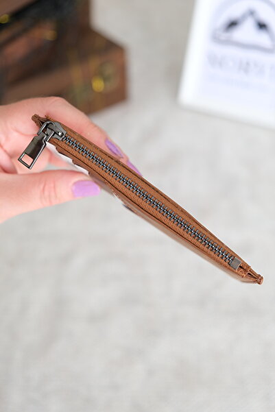 Norvi Leather Genuine Leather Zippered Card Holder Hazelnut Color