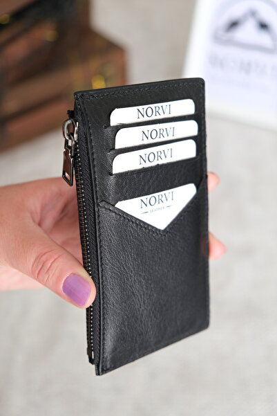 Norvi Leather Genuine Leather Zippered Card Holder Glossy Black