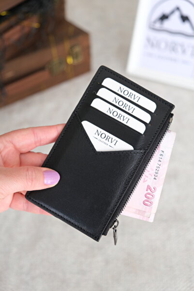 Norvi Leather Genuine Leather Zippered Card Holder Glossy Black