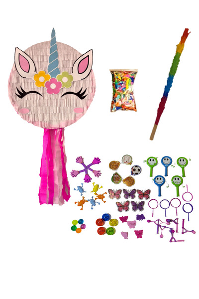 PinaStar Pinata unicorn cu 52 de accesorii de petrecere, Pinastar, 50 de jucarii, bat si confetti